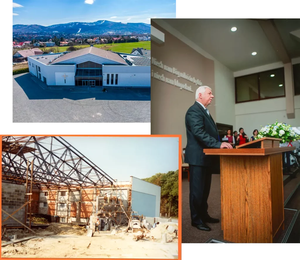 Kościół Filadelfia w Bielsku-Białej z lotu ptaka, budowa kościoła w trakcie realizacji, pastor Edward Lorek głoszący w starej zielonej sali